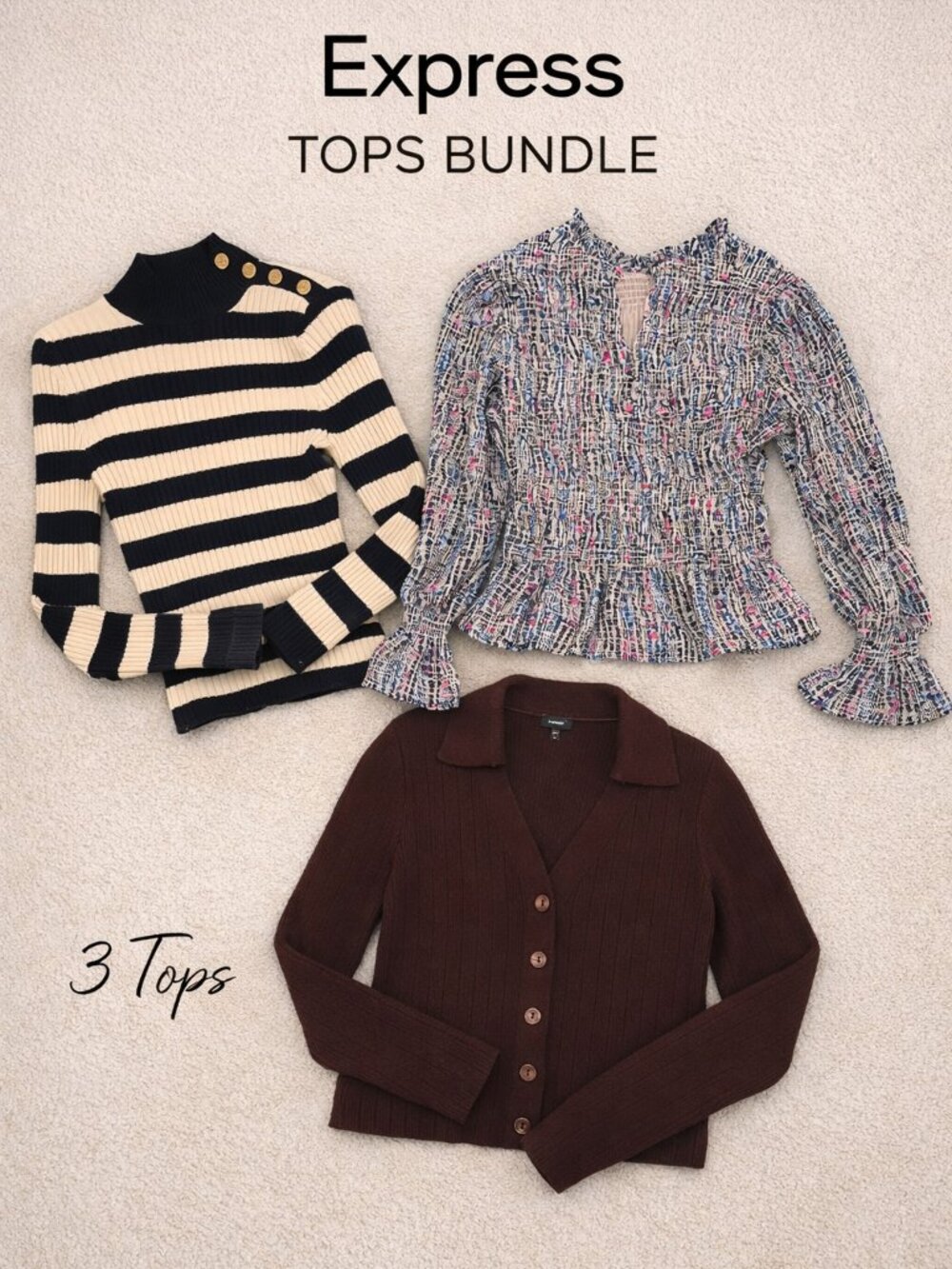Express Bundle: Deep Purple & Striped Sweaters & a Boho Peplum Top, Size XS & S